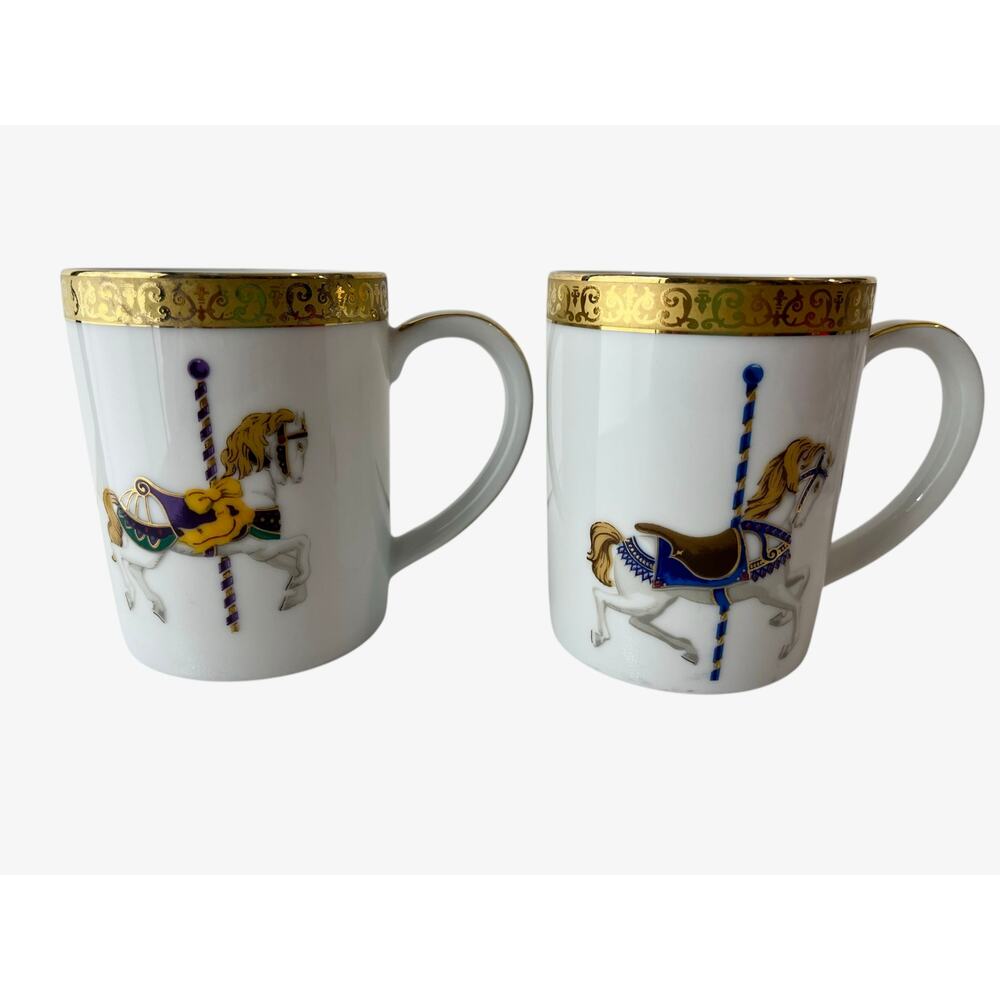 Royal Gallery Gold Buffet Carousel Set 2 China Coffee Cups Purple Blue Gold Rim